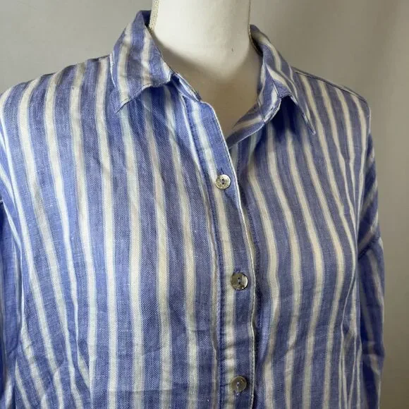 Sigrid Olsen Women's M Blue White Striped 100% Linen Button-Down Shirt Blouse - Picture 2 of 7